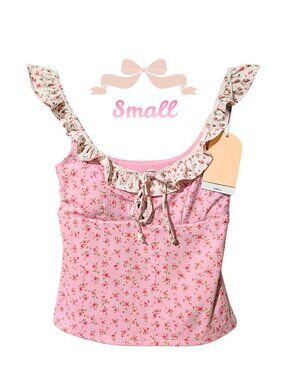 Blogilates Pink Floral Ruffle Lace-Up Tank Coquette Balletcore NWT Small